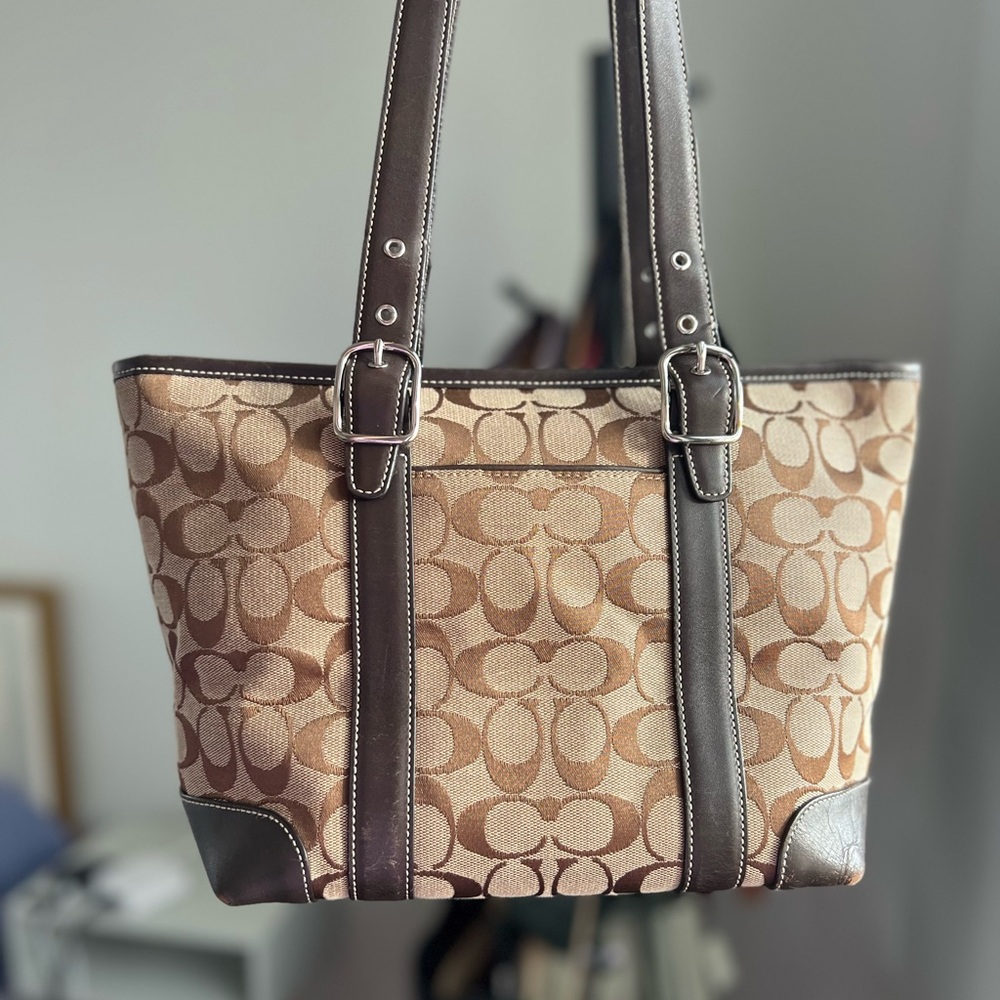 Coach Signature Leather Trimmed Tote Bag with Zipper closure Style No 6042